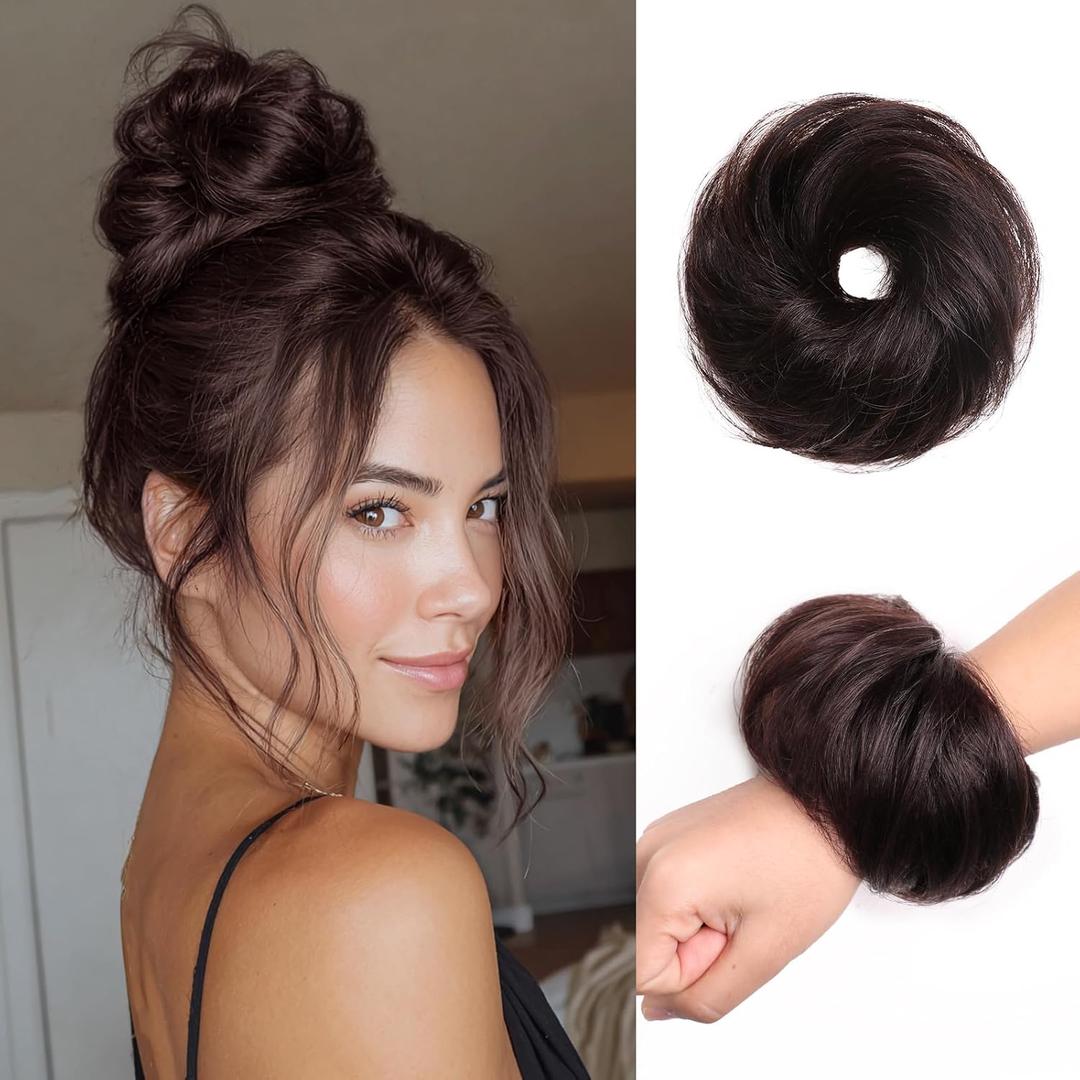 Messy Buns Hair Pieces 100% Human Hair Chignons Scrunchie Elastic Rubber Band Messy Bun Hair Piece Stretchy Fluffy Donut Updo Bun Wig Smooth Hair Bun Extensions for Women Burgundy Brown