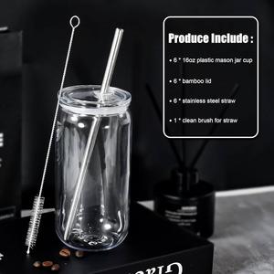 16oz Acrylic Mason Jar Cups, Clear Cups with Plastic Lids and Straws, Iced Coffee Cup Drinking Glass Tumbler for Whiskey, Soda, Tea, Juice, Gift
