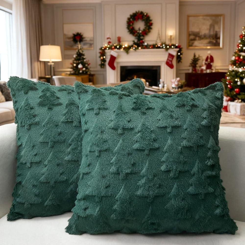 Booque Valley Christmas Tree Pillow Covers Set of 2 Soft Plush Faux Fur Wool Decorative Throw Pillow Pillowcases for Farmhouse Holiday Winter Home Decor, 18 x 18 inch, Green