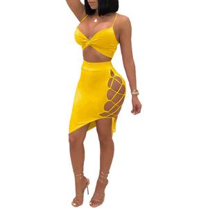 Sexy 2 Piece Club Outfits for Women Mini Skirt Sets Summer Crop Tops Lace Up Dresses (X-Large, Yellow)