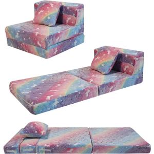 MeMoreCool Glow Rainbow Unicorn Tri-fold Sofa Bed for Kids, Foldable Futon Mattress, Chair, and Floor Couch for Playroom