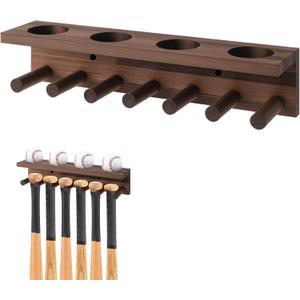 Weysat Baseball Bat and Ball Holder Wall Mounted Display Rack for 4 Sets of Baseballs and Bats, Wooden Storage Rack Stand Hanger Softball Storage Organizer (Walnut)