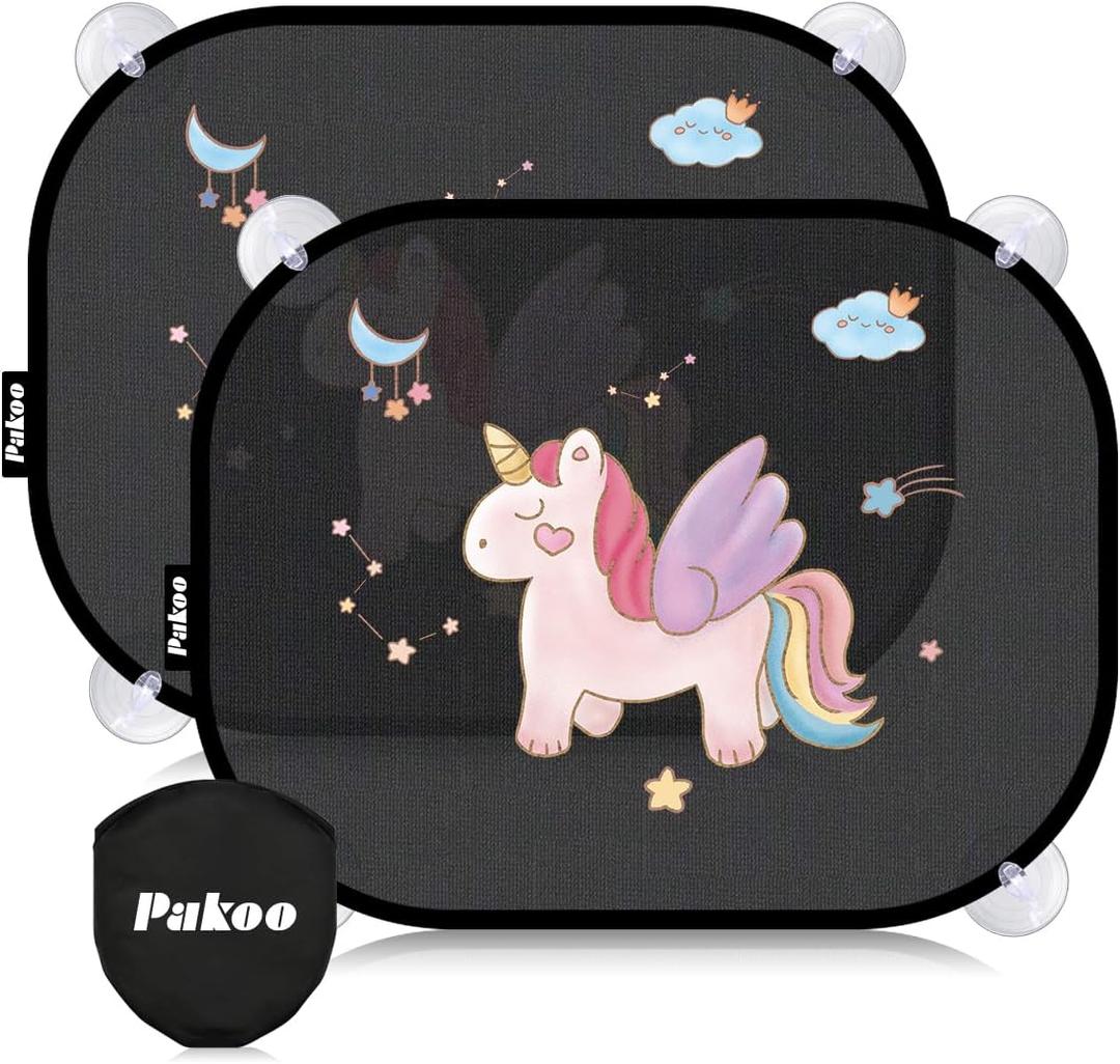 Pakoo Car Window Shade for Baby, 2 Pack UV Protection Breathable Universal Fit Mesh Car Window Shades, 2 Pack with 8 Suction Cups- 17.7 x 14 inches (Unicorn)