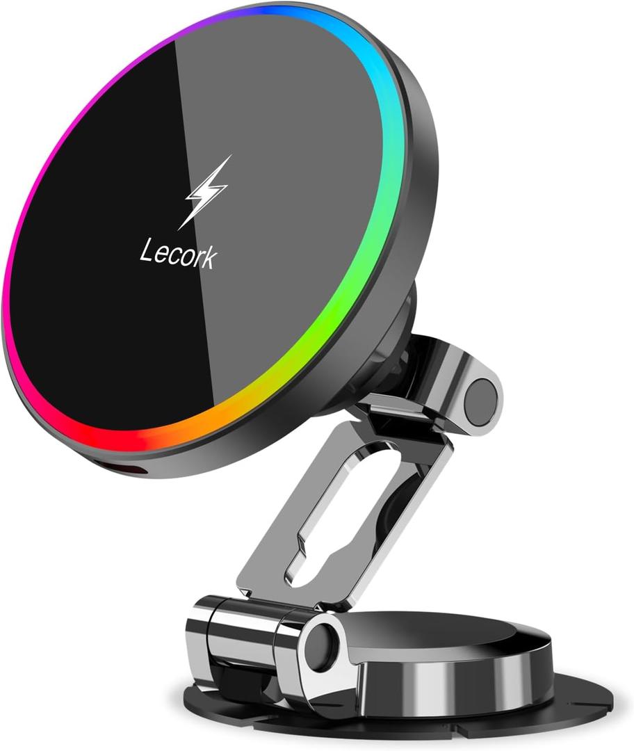 Lecork for Magsafe Car Mount, 15W Magnetic Wireless Charger for iPhone, Magsafe Air Vent Car Holder Charger for iPhone 16 Pro Max/16/15/14 13 12, Samsung S25/S25+/Ultra, RGB LED Design (Grey)
