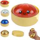 Moiegouct 4 PCS Glitter Filled Dumpling Squishies with Box,Sparkly Squishys Dumplings Stress Relief Balls Fidget Sensory Toy,Bao Bun with Food Steamer Stretchy Desk Squeeze Toys