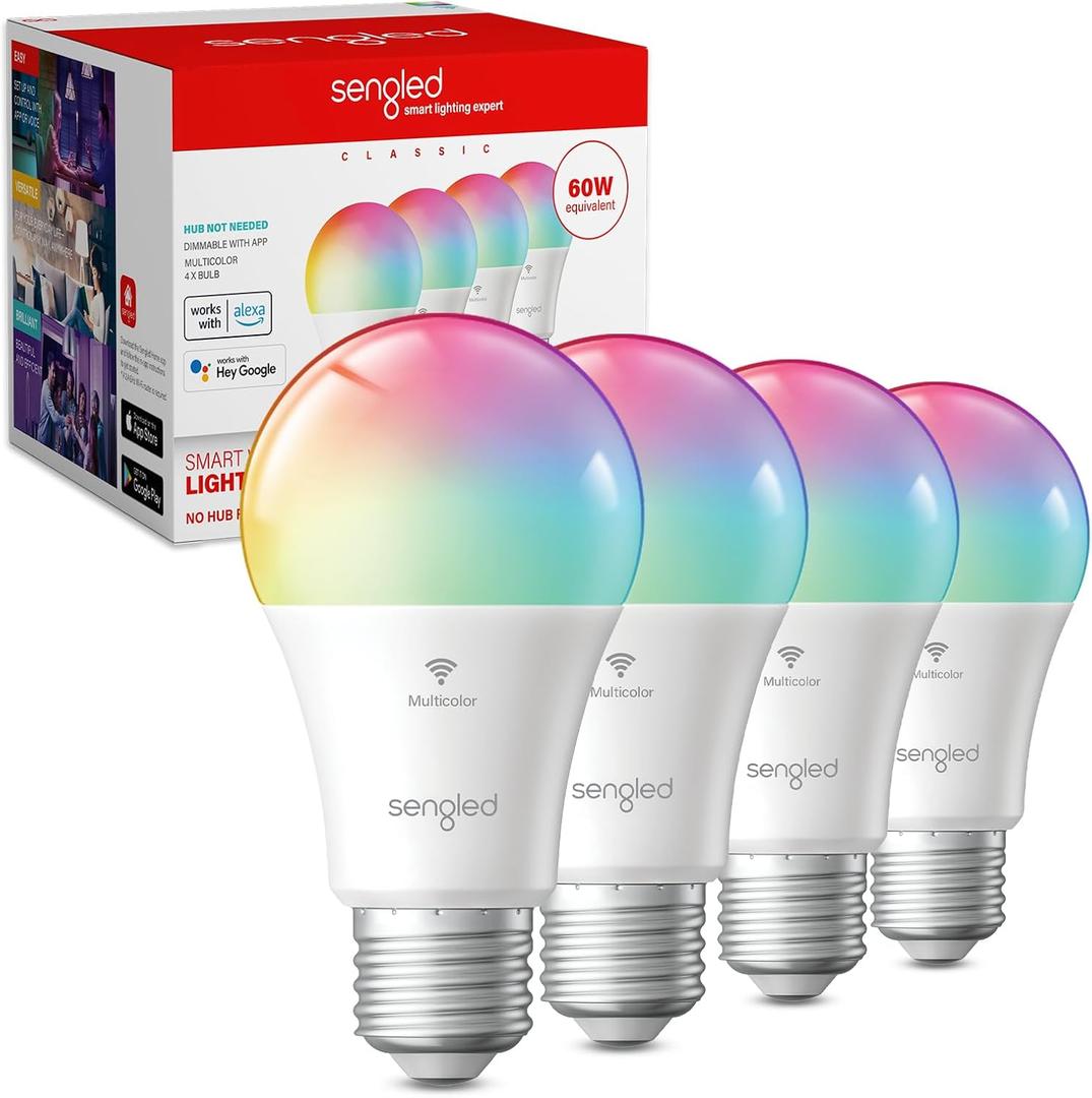 Sengled G2 Wi-Fi Bluetooth Smart Light Bulbs, Smart Bulbs That Work with Alexa & Google Assistant, Color Changing LED Light Bulbs 2000-6500K Dimmable, No Hub Required, 60W Equiv. 800LM CRI>90, 4 Pack (Full Color (16 Millions))