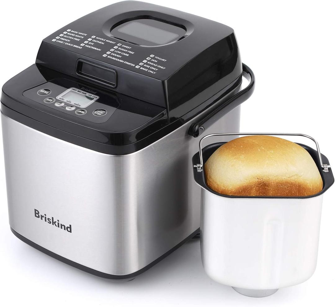 Briskind 1.5 lb Compact Bread Maker Machine with Carrying Handle, 19-in-1
Small Breadmaker for 2-3 People, Gluten Free, Dough, Jam & Yogurt Menus, Delay Timer, Keep Warm, 1.5lb & 1lb Loaf, Low Noise