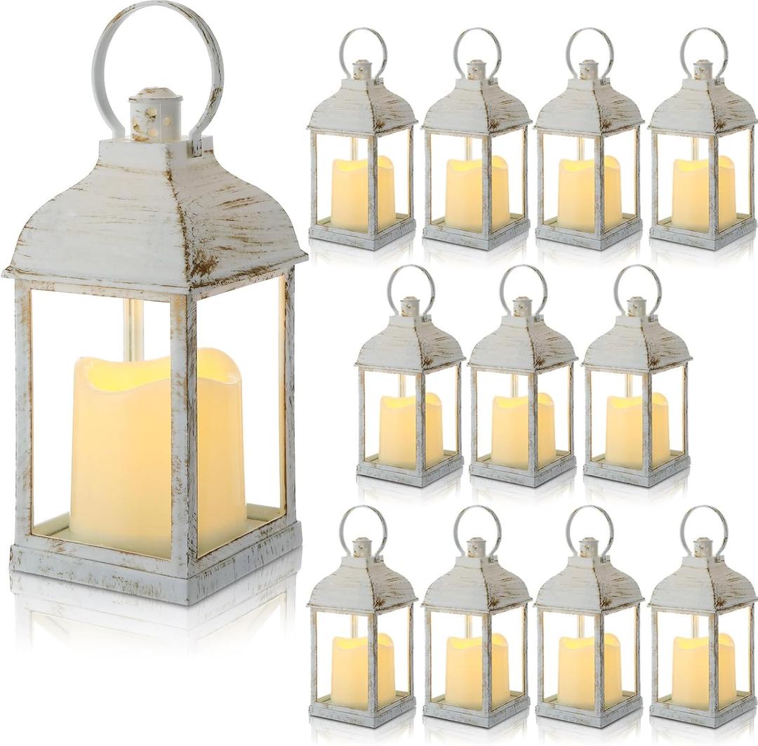 12 Set 10 Inch White Decorative Candle Lanterns Bulk Lanterns Centerpiece with LED Flameless Candle Indoor Outdoor Battery Powered Hanging Lights for Wedding Easter Party Decoration