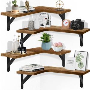 Corner Floating Shelves Set of 4,L-Shaped Wall Mounted Shelf,Rustic Wood Corner Shelvesfor Wall Storage and Decor,Wall Mounted Wood Shelves for Kitchen Living Room Bedroom,Light Brown