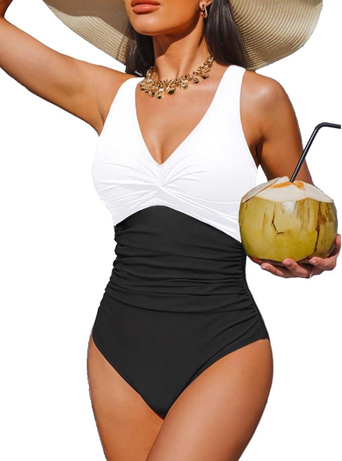 Holipick Women Tummy Control One Piece Swimsuit - Push Up Bathing Suit Full Coverage Slimming Swimwear (Large, Black/White)