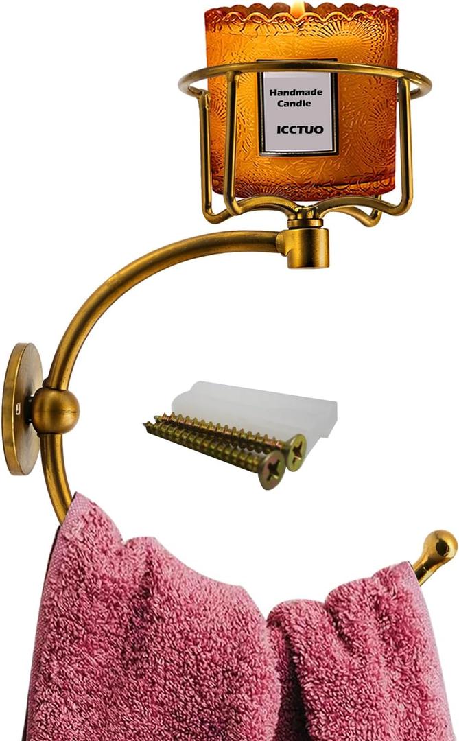 Hand Towel Holder with Vintage Candle Holder for Wall, Towel Hook for Bathroom Wall, Rustic Towel Ring with Elegent Candle Holder, Sturdy Wall Mounted Hanger for Bathroom (Antique)