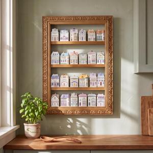 Vintage Wooden Spice Rack for 24 Jars Gold Ornate Frame Village Style Hanging Spice Shelf Wall Mounting Kitchen Storage Display Shelf Holiday Decorative Kitchen Decoration
