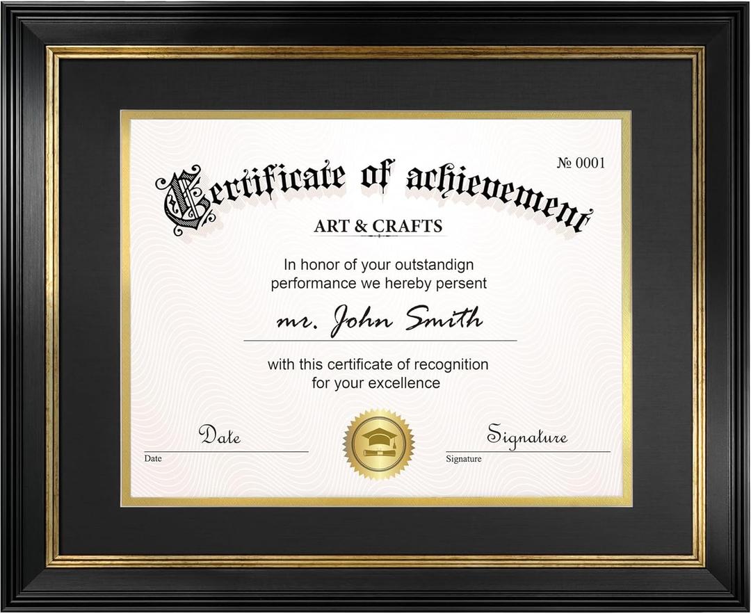 Yaetm Black 11x14 Diploma Frame with Mat for 8.5x11 - Tempered Glass with Black Over Gold Acid-free Mats, Diploma Frames 8.5 x 11 for Certificate, Degree & Document, Single