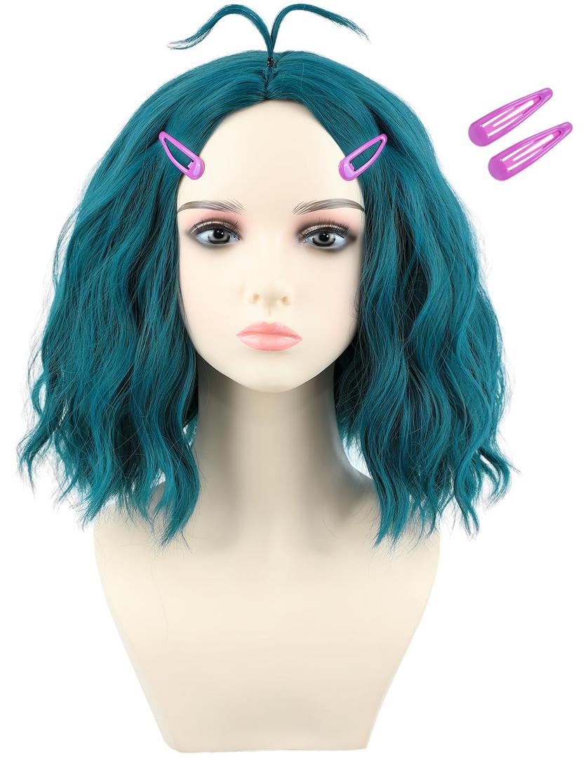 morvally Blue Green Costume Wig with Hairpins for Women Short Wavy Blue Green Wig Fun Anime Cosplay Halloween Wig (Adults)