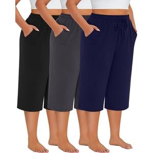 Neer 2 Pack Women's Plus Size Cotton Capris, Stretchy Wide Leg Cropped Pants with Pockets Fit Loose Lounge Pajama Sweatpants, Blue and Black, Size XXL