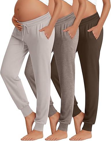 3 Pack Women's Lounge Maternity Pants, Casual Joggers Underbelly Pregnancy Sweatpants  and Pockets, XL