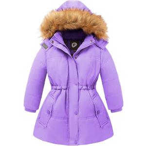 Girls Winter Coat Warm Puffer Jacket Long Fleece Lined Coat With Removable Hood 11-12