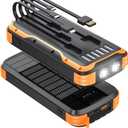 Solar-Power-Bank-Charger, 40000mAh Portable Phone Charger Built in 4 Cables with USB C in/Output, PD 20W Fast Charging External Batter, External Battery Pack with Dual Bright Flashlights