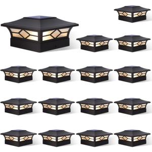 Solar Post Cap Lights Outdoor 16pack, Waterproof Solar Powered Deck Fence Post Lights for 4x4 Wood/Vinyl Posts, Solar Outdoor LED Light with Cool/Warm Lighting Decorate Garden Patio Porch (Black)