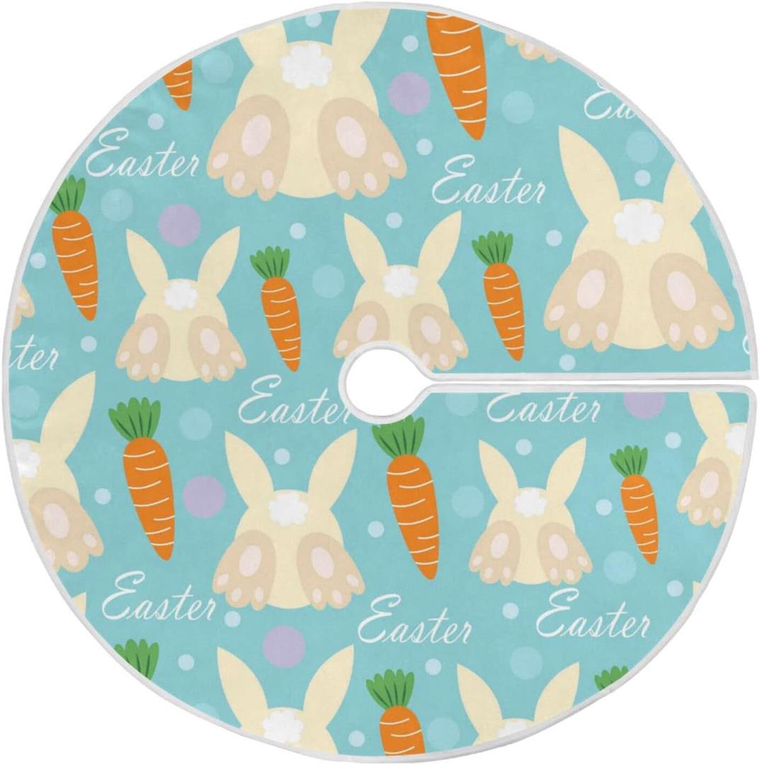 Dussdil Easter Bunny Hip Carrot Christmas Tree Skirt Xmas Tree Skirts Seasonal Round Tree Stand Mat Skirt for Wedding Holiday Party Indoor Home Office Garden Decor 48 in (Multi 11)