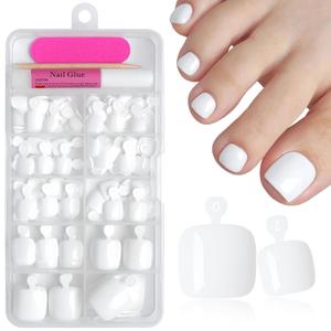 144pc White Press on Toenails for Women, White Toe Nail Press ons Short Square Toe Press on Nails Fake Toe Nails Tips False Toenail Press ons with Nail Glue and Adhesive Tabs