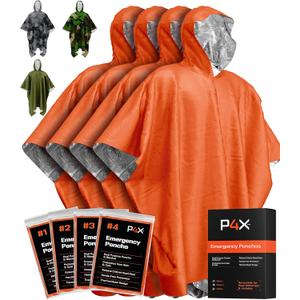 PREPARED4X Emergency Poncho and Mylar Blanket Liner - Heavey Duty, Waterproof, Wind-Resistant Green Outdoor Rain Poncho for Camping and Car Emergencies - 4 Pack (Orange)