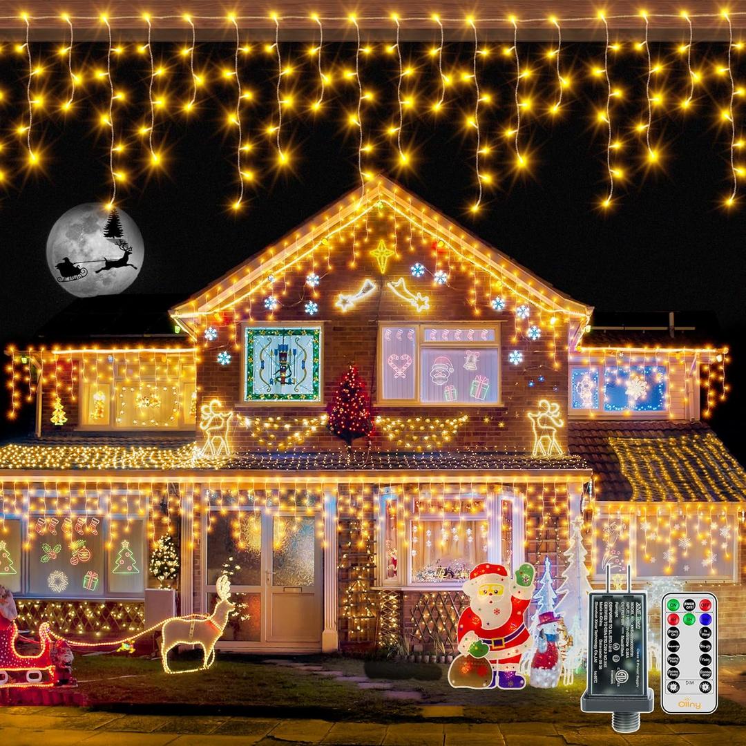 Ollny Icicle Lights for Outside 720LED 60FT, Warm White Christmas Lights with Remote 8 Modes Dimmable, Waterproof Connectable Timer Hanging Light for House Outdoor Yard Indoor Decorations