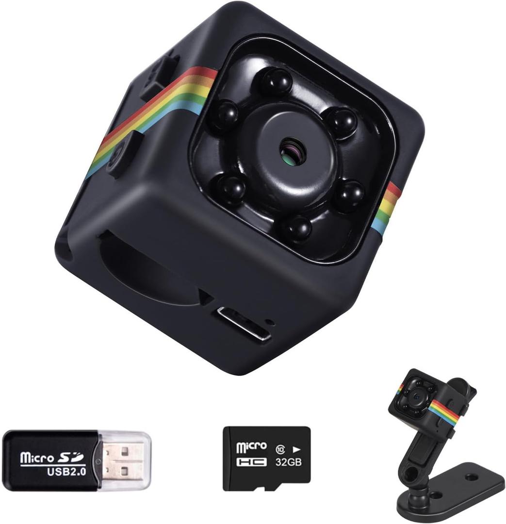 Spy Camera, No WiFi Security Camera with 32GB TF Card, 1080P FHD Mini Cameras with 360 Rotation Bracket, Small Cameras for Home/Indoor/Outdoor Security(Black)