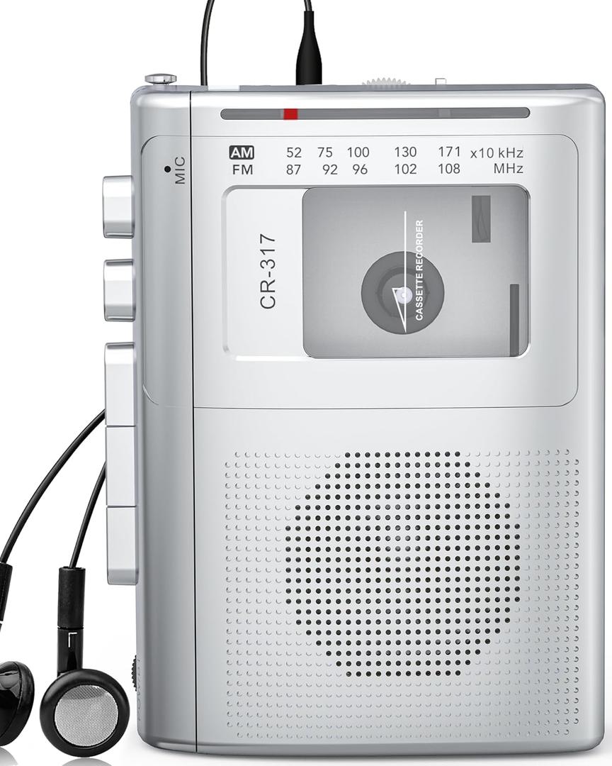Cassette Player Recorder with Bluetooth Transmitter Walkman, Portable AM FM Cassette Player with Big Speaker, Stereo Earphone Jack, Support Microphone Recording, 2AA Battery or USB Power for Home (Silver)