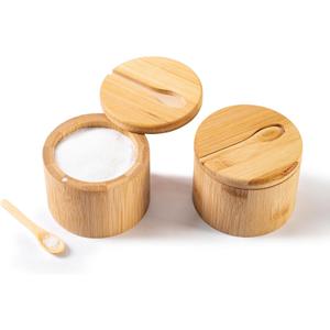 Bamboo Salt Cellar, 2PCS Salt Container with Spoon&Magnetic Screw Lid, Elegant Kitchen Salt Cellar with lid for Countertop Storage Pepper Spice Sea Salt