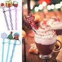 12 Pcs of Christams Straw Cover Cap, 8mm Cartoon Straw Cup Accessories, Reusable Silicone Dust Cover, Perfect for Holiday Parties