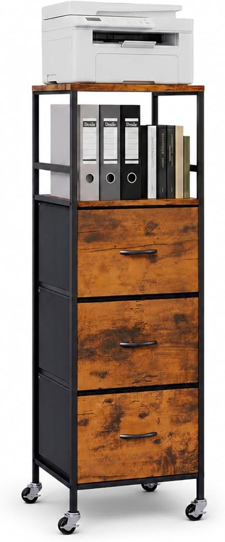 DreamDashio 3 Drawer Fabric File Cabinet with Printer Stand & Dual Shelves, 2-Tier Printer Storage with Letter/A4/Legal File Drawers, Adjustable Hanging Rails, Lockable Casters/Leveling Feet