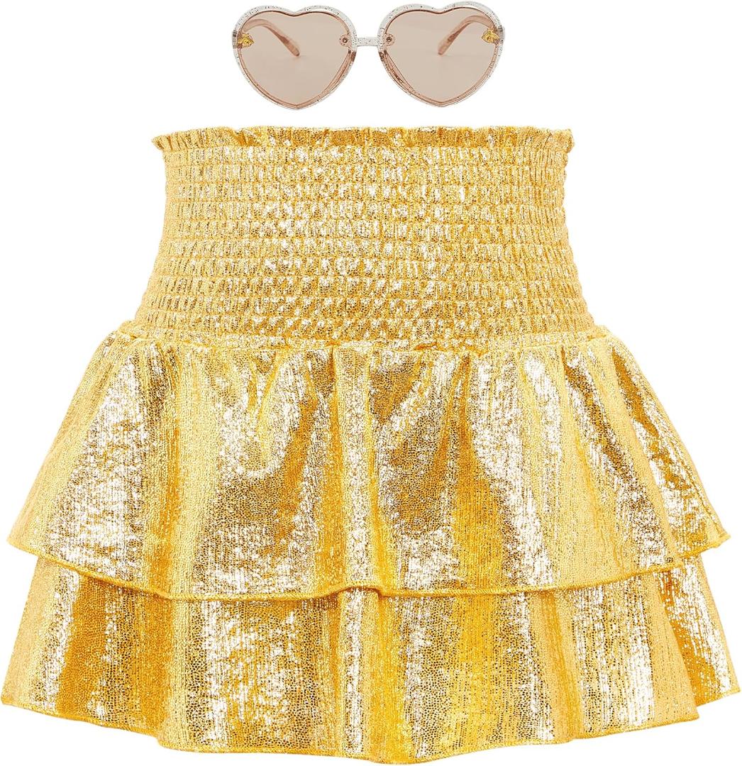 American Trends Girls Sequin Sparkly Skirts Girls Metallic Skirt 2-Layer Ruffle Skirts with Sunglasses Cheerleaders Skirt (10-11 Years, Gold)