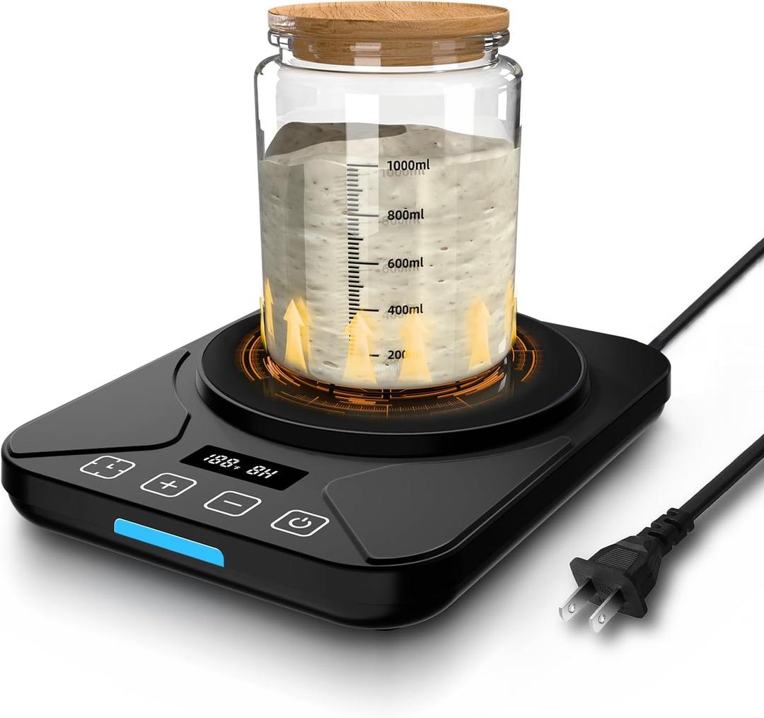 Sourdough Starter Warmer Mat - 24H Timer - Precise 1F Thermostat Control (70-100F) - Smart Memory Warming On/Off - Fits Jars Up to 40oz - Perfect for Home Baking (Black)