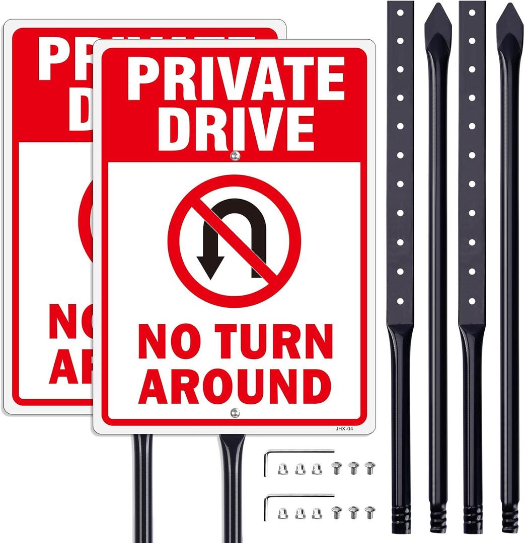 Private Drive No Turn Around Sign 2-Pack (1410 Inches) with 35-Inch Stands - Private Property Traffic Control for Driveways & Roads