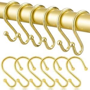 Shower Curtain Hooks, Metal Shower Hooks for Shower Curtain Rod, Rust Proof Metal Shower Curtain Rings, S Hook Set of 12, Golden.