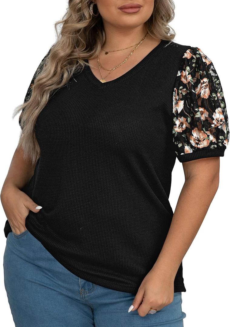 OLRIK Plus Size Tops for Women Summer Blouse Waffle Knit Short Lace Sleeve Shirts (3X, A15-fp Black)