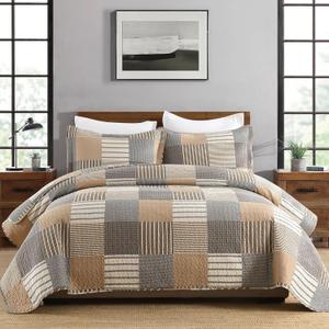 PANGUSHAN 100% Cotton Quilt Set Queen Size, Farmhouse Plaid Lightweight Comforter Rustic Bedding Set Quilted Bedspread, Gray/Brown/Beige Quilt for Queen Bed, 3 Pieces (Queen(90"x98"))