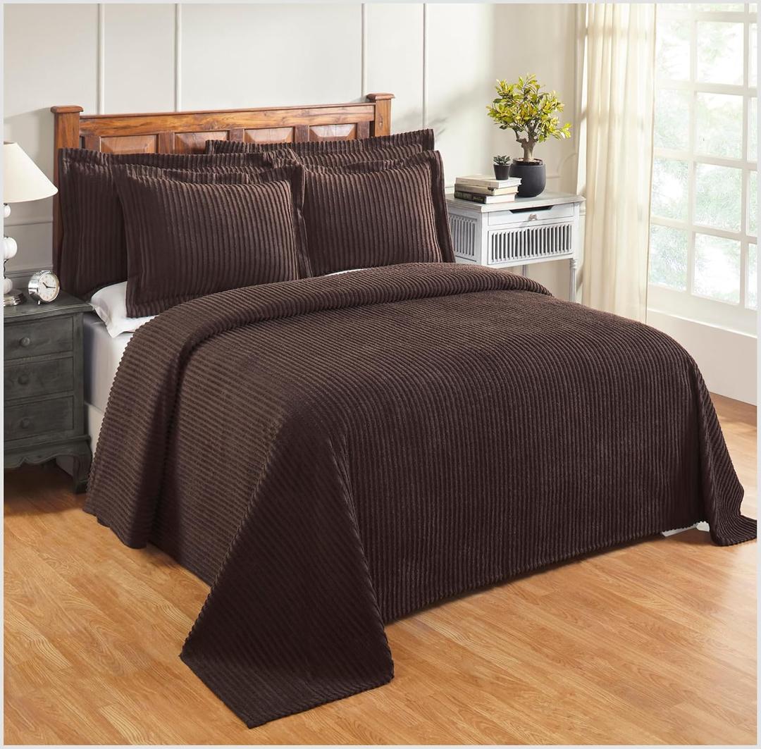 Better Trends 1 Piece Chenille Bedspread Queen Size Gift for Mom 100% Cotton Chenille Bedspread Lightweight Classic Stripe Pattern Bedroom Decor Jullian Collection (Queen Bedspread, Chocolate)