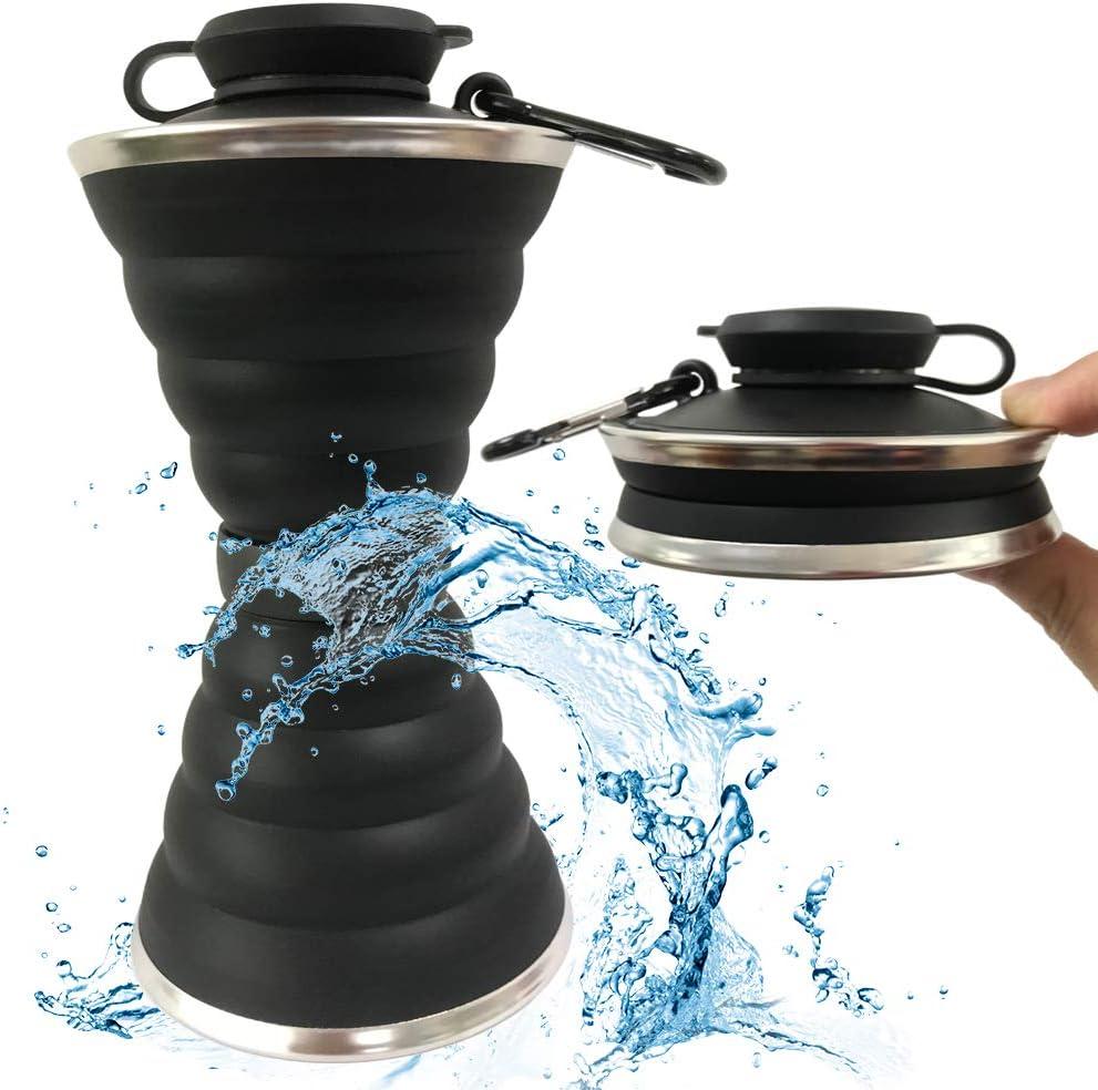 Collapsible Water Bottle, Camping Cup With Carabiner, Reuseable Silicone Foldable Leak Proof Portable Sports Travel Water Bottles For Outdoor, Travel Gym Hiking, BPA Free, Cycling Cups with Carabiner (Black)