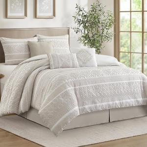 LANCO MODERN LIFESTYLE 7 Piece King Comforter Set, Beige, Elegant Jacquard with Patchwork, Stylish and Cozy Bedding Collection, Premium Bedding Set with Bedskirt, Shams and Pillows