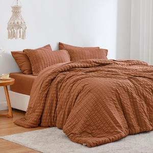 Love's cabin Seersucker Terracotta California King Comforter Set, 7 Pieces California King Bed in a Bag, All Season Bedding Sets with Comforter, Flat Sheet, Fitted Sheet, Pillowcase and Pillow Sham (California King (104"X96"))
