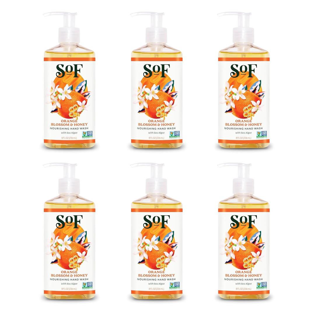 SoF Nourishing Hand Wash - With Moisturizing Sea Algae, Coconut & Olive Oil- Vegan & Non GMO- Free From Phthalates, Sulfates & Parabens- Orange Blossom & Honey - 8 oz Bottle 6 Pack