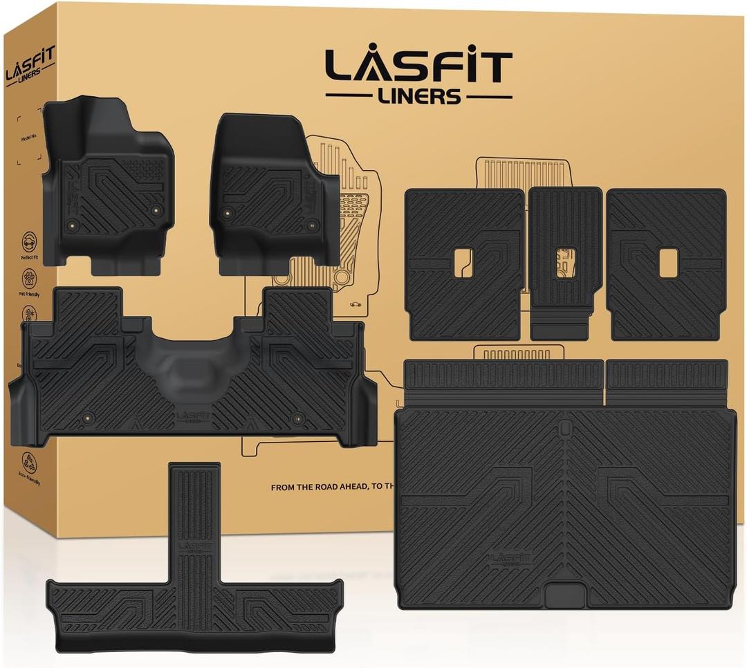 LASFIT Floor Mats&Cargo with Backrest Mats for 8 Seats 2025 2026 Ford Expedition MAX, All Weather TPE Custom Fit for SUV Car Liners, 1st& 2nd& 3rd, (Only Fit 3rd Row 40/20/40 Split Bench seat) 5pcs