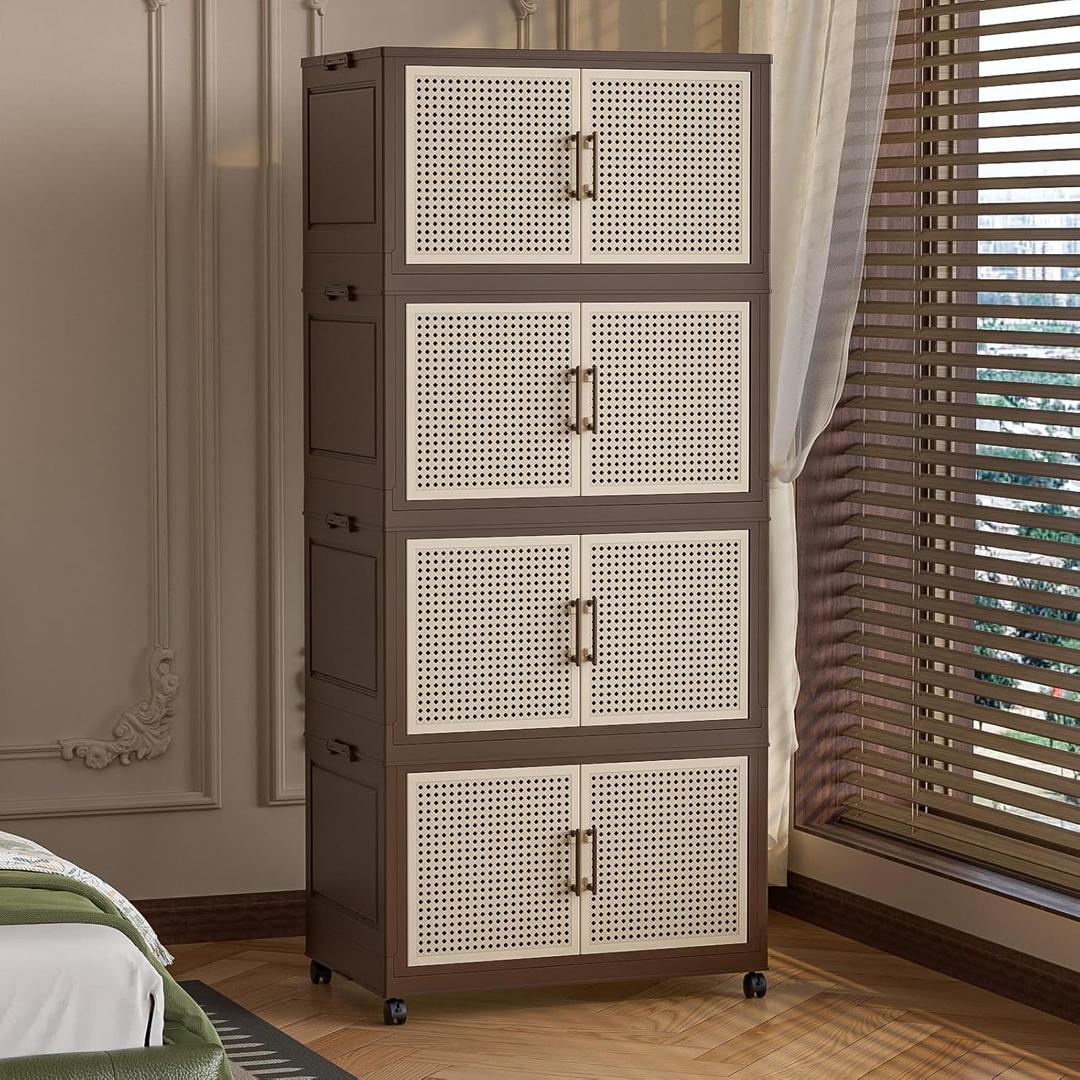 Vintage 223.2 QT Stackable Storage Bins, Sturdy Storage Boxes with Lids and Wheels, Easy Assembled Collapsible Bins Stackable Closet Organizer for Dorm, Home, Office, 4 Pack