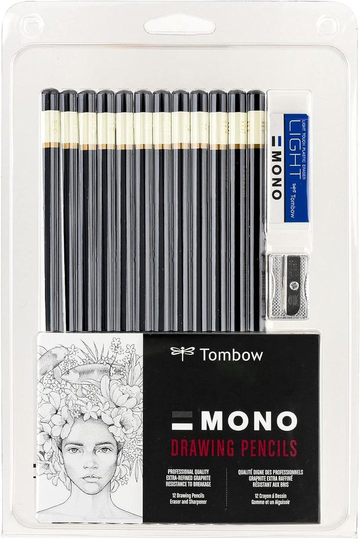 Tombow 51523 MONO Drawing Pencil Set, Assorted Degrees, 7-Pack. Professional Quality Graphite Pencil Set with Eraser and Sharpener