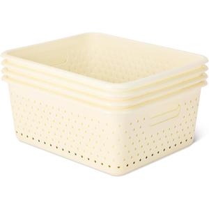 Amazon Basics Decorative BPA-Free Plastic Storage Baskets, 13.66 x 11.34 x 5.39 inches, Ivory, 4-Pack