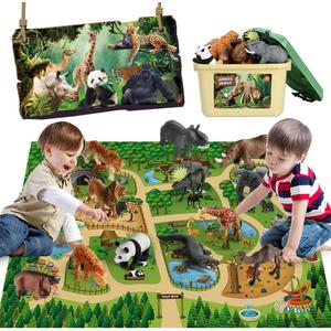 Mini Tudou 12 Pcs Safari Animals Figures Toys w/ 57x38.6 Large Activity Play Mat, Realistic Jumbo Jungle Wild Zoo Animals Figurines Playset w/Elephant, Giraffe, Lion for Kids Boys