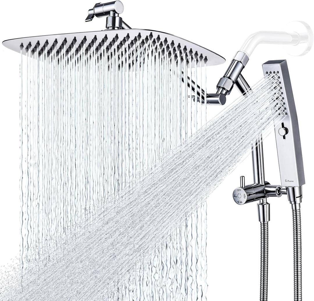 G-Promise All Metal 12 Inch Shower Head with Massage Mode Handheld, Rain Shower Head with Handheld Spray Combo, 3-Way Diverter with Pause Setting, 11 Inch Adjustable Extension Arm (Chrome)
