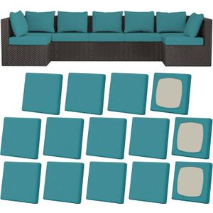 14Pcs Patio Stretch Cushion Covers, Outdoor Couch & Sofa Replacement Slipcovers for Patio Furniture Cushion Covers, Washable Reusable Furniture Protector, Square Large, Petrol Blue